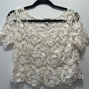 F21 Lace Transparent Short Sleeved Crop Top